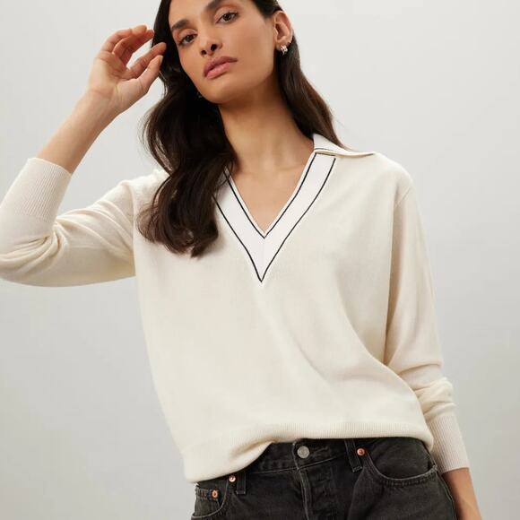 Sandro Alizia Sweater Ivory Sequin Edging Wool Cashmere V-Neck Collared Sz 0 - Picture 1 of 13